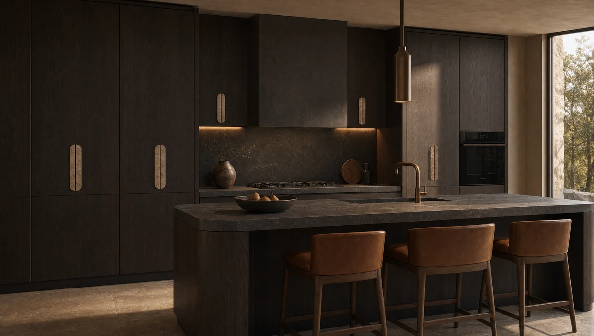 Architectural kitchen scene with scalloped split handle in Honed Beige Travertine